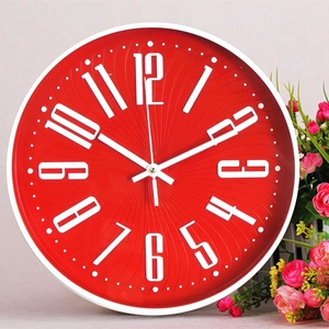 Modern 12-inch red wall clock with 3D white numerals and silent quartz movement