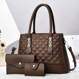 Deep brown 3-piece quilted PU leather handbag set with tote, wallet and card holder