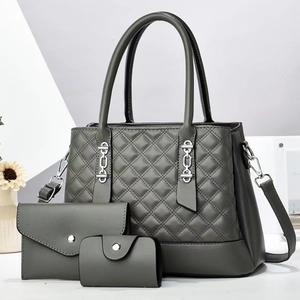 Deep grey 3-piece quilted handbag set with diamond pattern and large capacity tote