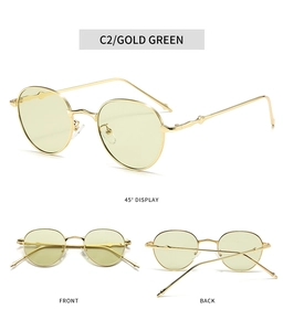 Detailansicht der ovalen Gold-Metall-Sonnenbrille mit grünen Gläsern aus mehreren Winkeln