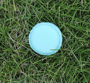 Top view of a light blue macaron-shaped mini jewelry storage box on a green grass lawn