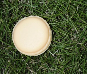Flat lay of a beige macaron-shaped mini jewelry storage box on a natural green lawn