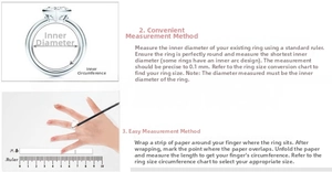 Size guide for titanium steel rings showing diameter and finger circumference measurement