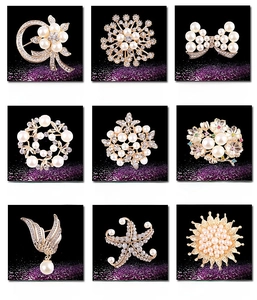 Detailed grid of nine elegant pearl and rhinestone brooches in various flower and star shapes