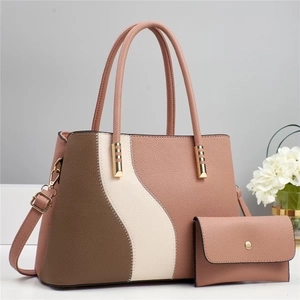 Three-tone faux leather tote bag set with matching wallet and adjustable shoulder strap