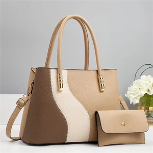 Minimalist color-block faux leather handbag and coin purse set with adjustable shoulder strap