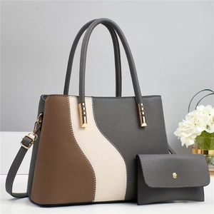 Three-color stitched leather handbag and wallet set with white wave stitching details