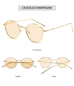 Detailansicht der ovalen Vintage-Metallsonnenbrille in Gold-Champagner mit Wellenbügeln