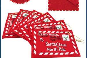 Detail of red felt Christmas envelope ornaments with Special Delivery embroidery