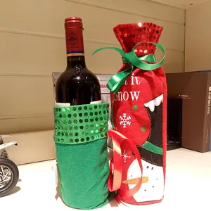 Christmas wine bottle cover set with snowman embroidery and festive green sequins