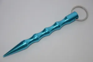 Blue aluminum kubotan tactical keychain with ergonomic wave grip and pointed self-defense tip