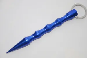 Blue aluminum self-defense keychain with ergonomic finger grooves and pointed tip design