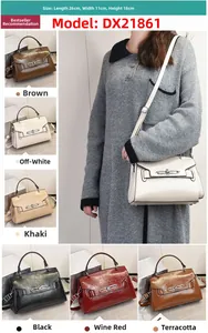 Detailed view of the glossy PU leather handbag showing 26x11x18cm dimensions and colors