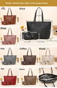 Detailed view of 4-piece faux leather tote bag set showing internal pockets and dimensions
