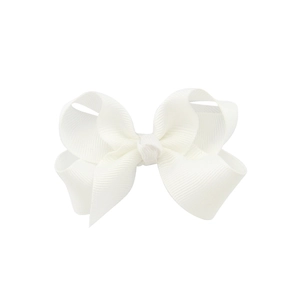 White grosgrain ribbon bow hair clip for children with ribbed texture on white background
