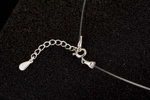 Macro shot of silver spring clasp and adjustable extender chain on clear necklace