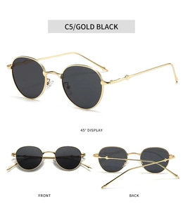 Detaillierte Mehrwinkelansicht der ovalen Vintage-Metallsonnenbrille mit schwarzen Gläsern