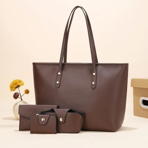 4-piece set of dark brown faux leather tote bag with wallet, card holder and case