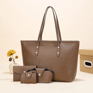Brown litchi grain leather bag set including tote and wallet with gold stud details