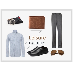 Flachbild von Herrenoutfit mit blauem Karohemd, brauner Geldbörse und Accessoires