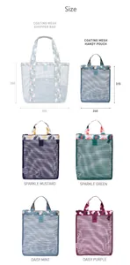 Size chart for small mesh beach bags and pouches with detailed product dimensions