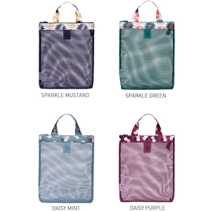 Mesh beach bags in Sparkle and Daisy patterns with top zippers and handles