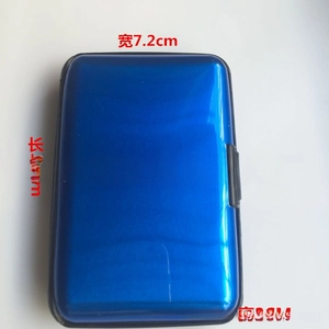 Top view of a durable navy blue aluminum card holder with a black side latch clasp