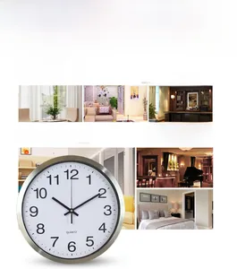 Collage of stainless steel wall clocks in various modern living and office settings