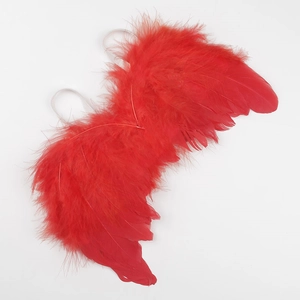 Detailed view of vibrant red feather angel wings with clear straps for baby photography