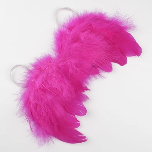 Macro view of rose pink feather angel wings with elastic straps for baby photography