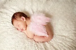 Detailed view of soft pink feather angel wings for newborn photography prop