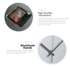 Detail of silent movement and aluminum hands with matte lacquer finish on metal wall clock