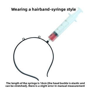 Detail of a realistic 14cm syringe headband with red liquid for Halloween cosplay