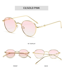 Detailansicht der goldenen Oval-Sonnenbrille mit rosa Verlaufsgläsern in drei Winkeln
