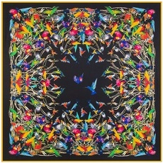 Detailed close-up of silk square scarf featuring vibrant floral, bird, and butterfly patterns