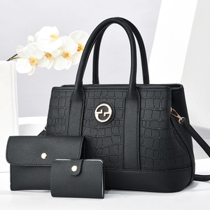Black crocodile embossed tote bag three-piece set with golden metal logo and flower decor