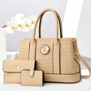 Beige 3-piece tote bag set with crocodile texture, top handles and shoulder strap