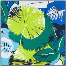 Close-up of tropical leaf prints on a high-quality silk twill square scarf wrap