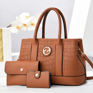 Three-piece brown crocodile embossed leather tote bag set with golden metal decoration