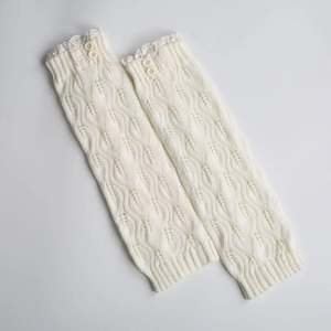 Detail of cream knit leg warmers with delicate lace trim and vintage button accents