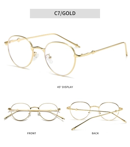 Detailansichten der goldenen ovalen Metallbrille im Vintage-Stil mit Struktur-Bügeln