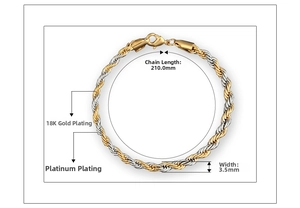 Detail view of 210mm long 18K gold and platinum plated 3.5mm twist chain bracelet