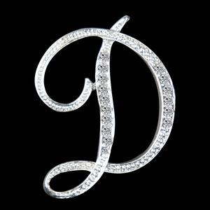 Close-up of a silver letter D brooch featuring sparkling crystal rhinestones on black background