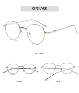 Drei Perspektiven einer silbernen ovalen Metallsonnenbrille mit dünnem Rahmen im Vintage-Stil