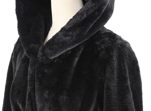 Detail of hood and neckline on a thick black faux fur winter coat for women