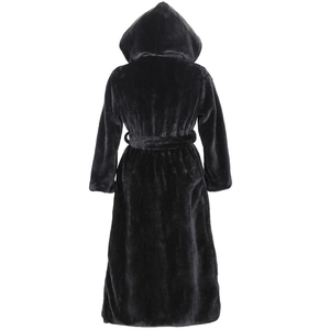 Back view of a long black faux fur hooded coat featuring a plush texture and waist belt