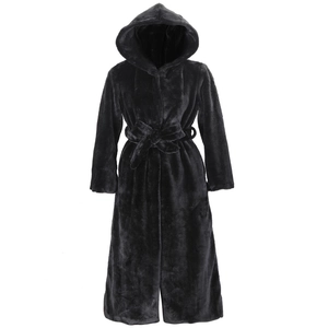 Detail of black hooded faux fur coat featuring a matching belt and plush winter texture