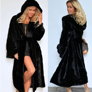 Front and back view of a long black faux fur hooded coat with waist belt detail