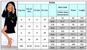 Size chart showing UK, US, EU measurements for the long faux fur hooded coat