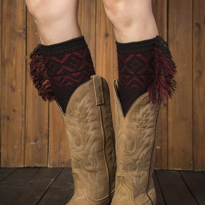 Bohemian knit leg warmers with red and black geometric patterns and fringe for boots
